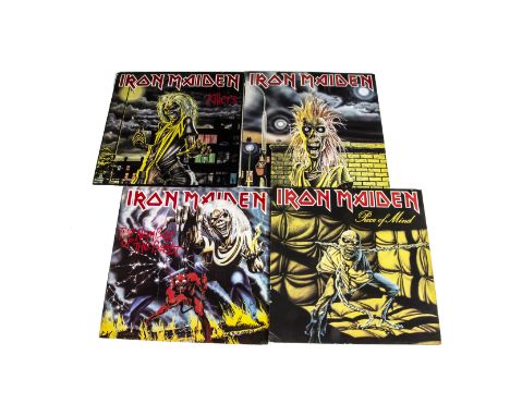 Iron Maiden LPs, The first four UK release albums comprising Iron Maiden (EMC 3330 EX/EX+), Killers (EMC 3357 VG+/EX+), The N