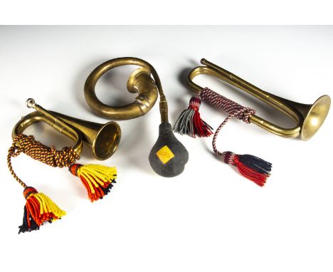 Bugles / Car Horn, a Mayers &amp; Harrison Bugle 1964, braided with mouth piece plus a  Henry Potter Trumpet Bugle 1961 braid
