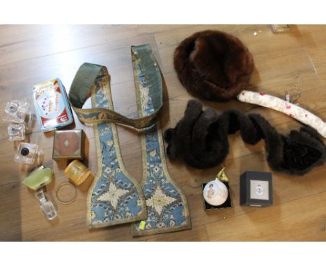 Box of fur hat, dominoes, lighters, inkwells, sash etc