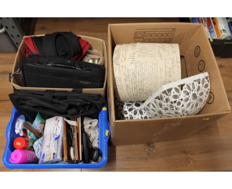 Three boxes of holdalls, cleaning products, lamp shades, etc