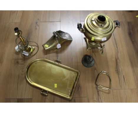 Part brass samovar, brass stirrup,  bell, lamp and tray etc