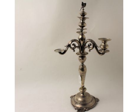 Silver plated candlestick with replacement silver coloured three branch, overall height 54 cm