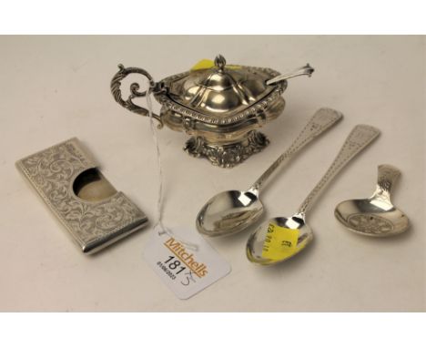 Silver mustard pot with spoon, silver caddy spoon, two silver teaspoons and silver card holder 