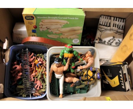 Vintage toys including karate figures, plastic army men,Teenage Mutant Ninja Turtle figures and Chad Valley wooden train trac