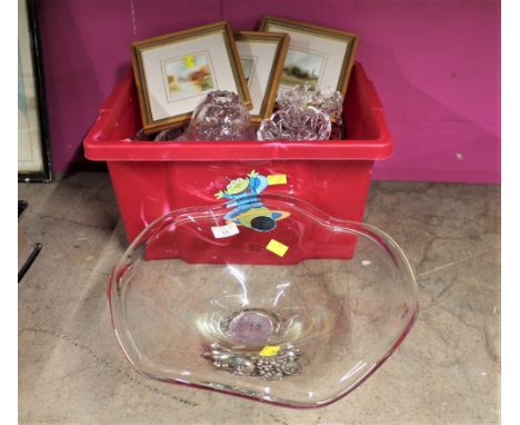 Box of glass fruit bowls, lamp shades, candlestick holders, Murano white crystal table centre and three miniature watercolour