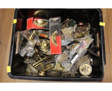 Box of door furniture, handles, brassware, drawer pulls, escutcheons etc 