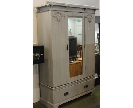 Grey painted carved mirror door wardrobe with single drawer to base, height 201 cm, width 121 cm, depth 46 cm