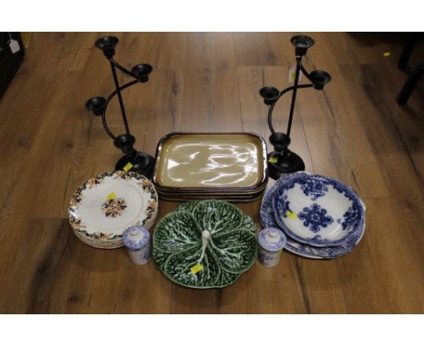 Pair of black metal candlesticks, stoneware rectangular platters, decorative blue and white china plate, two Spode herb jars,