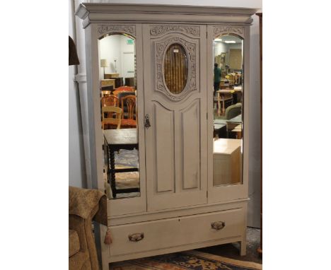 Twin mirror door grey painted Edwardian carved wardrobe, height 205 cm, width 123 cm, depth 43 cm