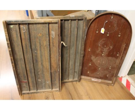 Two wooden printing press trays and bagatelle board 