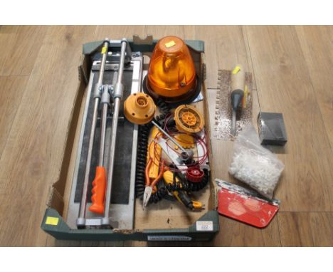 Box of tools, tile cutting equipment, etc