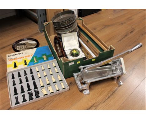 Two boxes of industrial chip maker, Greening &amp; Sons sieve set, Caithness paperweight, thermometer, pressure measure, ches
