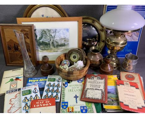 CONVEX BOBBLE MIRROR, brass based oil lamp, old maps, treen and other miscellaneous items