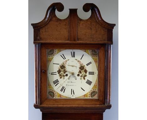 OAK LONGCASE CLOCK - John Jones, Caernarfon, eight day movement, painted dial with Roman numerals, shaped hood, 220cms H, 57c