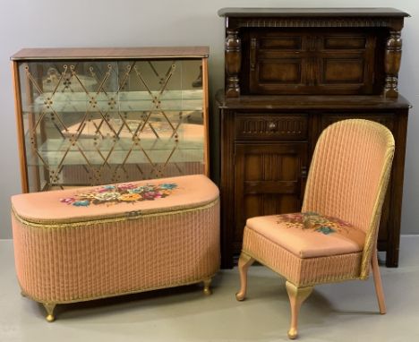 FURNITURE ASSORTMENT - a retro display cabinet, 103cms H, 91cms W, 30cms D, loom ottoman and matching chair and a compact cou