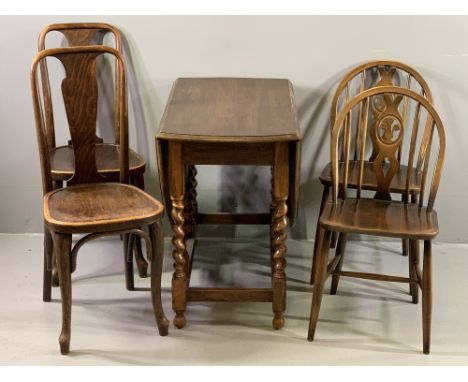 FURNITURE ASSORTMENT - vintage bentwood chairs (labelled 'Thonet'), two Ercol wheelback chairs and a barley twist gate leg ta