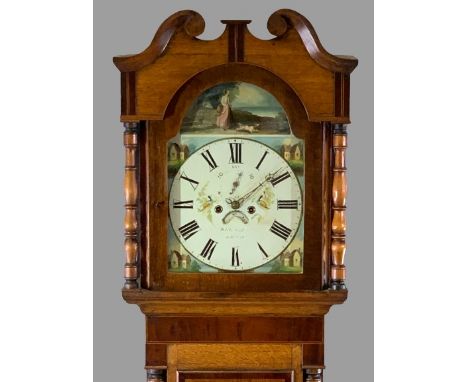 19th CENTURY OAK &amp; MAHOGANY LONGCASE CLOCK by Williams of Bangor, painted arched top dial with cottage painted spandrels,