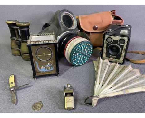 MILITARIA - gas mask (WARNING-SUITABLE FOR DISPLAY PUPOSES ONLY) , old field glasses, vintage box camera, fan, carriage clock