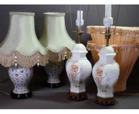 LIGHTING - two pairs of decorative china table lamps with shades