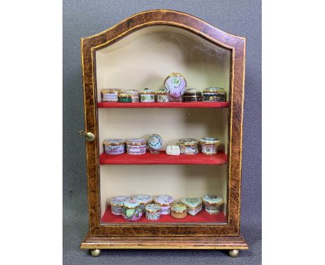 SINGLE GLAZED DOOR TABLETOP/WALL CABINET, walnut effect with domed top, 43cms H, 27cms W, 11cms D and a large quantity of ena