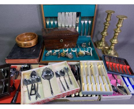CASED CUTLERY, a good assortment, brass candlesticks, a pair, an antique Rosewood tea caddy and an old family bible, ETC