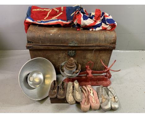 METAL TRUNK &amp; COLLECTABLES to include Union Jacks, antique children's shoes and ballet shoes, vintage ceiling spot lamp, 