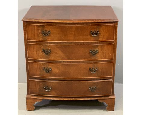 REPRODUCTION CHEST OF FOUR DRAWERS having a bow front, brass drop handles, on bracket feet, 85cms H, 77cms W, 51cms D