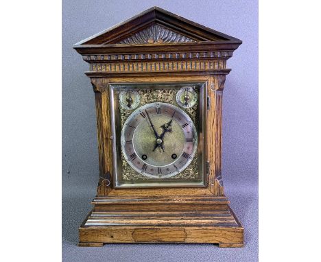 CLOCK - oak cased eight day bracket clock with brass and silvered dial, marked 'W &amp; H', clock dimensions 42cms H, 30cms W