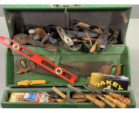 VINTAGE WOODEN TOOLBOX with inside compartments and contents of tools