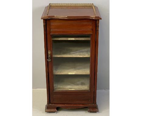 ANTIQUE MAHOGANY MUSIC CABINET with brass galleried top and labelled inner shelves on bracket feet, 94cms H, 39cms W, 42cms D