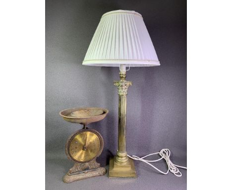 ANTIQUE BRASS LAMP with Corinthian and reeded column on a stepped square base, electrified with shade, 96cms H in total and a