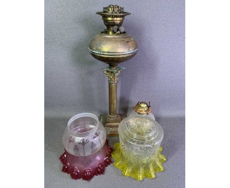 OIL LAMP &amp; SHADES - a brass Corinthian column lamp with two excellent etched glass shades, one cranberry the other yellow