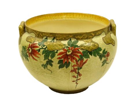 Keller & Guerin Luneville France Enameled Jardinière. Signed on bottom K & G Luneville. Small chip on foot, glaze pops. Measu