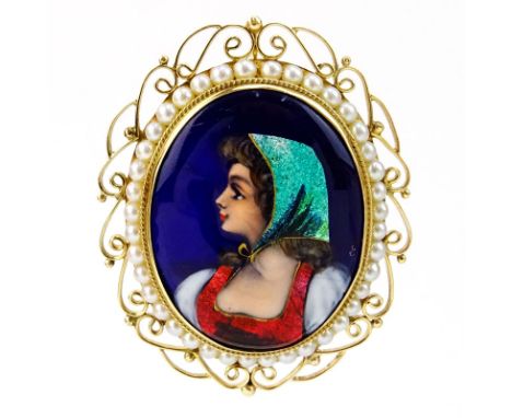 Vintage French Limoges Enamel, Oriental Seed Pearl and 14 Karat Yellow Gold Pendant Brooch. Signed Made in France, 14K. Good 