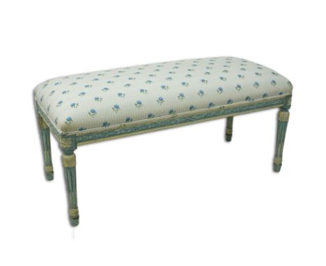 Mid Century Louis XVI Style Carved Wood and Upholstered Bench. Painted wood frame, standing on high carved sphered tapered le