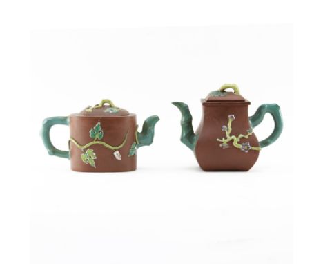 Grouping of Two (2) Antique Chinese Yixing and Enameled Clay Pottery Teapots. Stamped on underside. Decorated with applied en