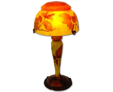 Art Deco Daum Nancy Cameo Glass Lamp. Domed shade and base both depicting orange and russet leaves on yellow ground. Both sha