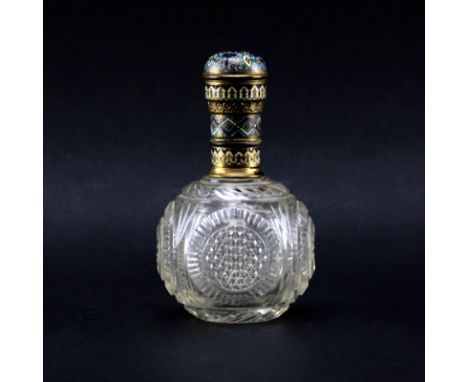 Antique French Champlevé Enamel and Crystal Perfume Bottle. Cut patterns on body with champlevé stem. Some wear to stem, glas