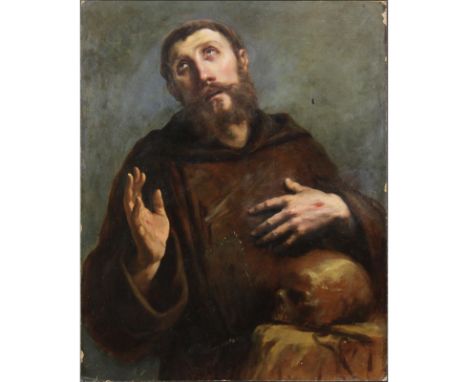 17/18Th Century Italian School Oil Painting of St. Francis Laid on Masonite. Depicts a portrait of St. Francis contemplating 