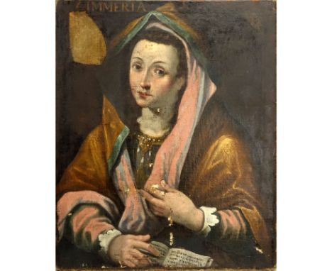 16/17th Century Bologna Oil Painting "Cimmerian Sibyl" Laid on Canvas and Stretched on Frame. Depicts a portrait of a sibyl d