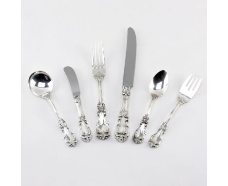 Eighty-Four (84) Pieces Reed and Barton Burgundy Sterling Silver Flatware. Includes: 12 knives, 12 forks, 12 salad forks, 24 