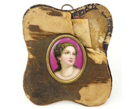 Circa 1800s Emil Ens French Hand Painted Porcelain Miniature Portrait. Depicts a Victorian beauty wearing pearls and earrings