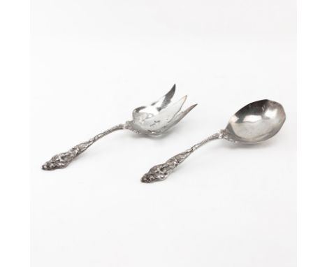 Art Nouveau Sterling Silver Serving Set. Decorated with flower motif and pierced bowl on the fork. Stamped. Monogrammed "Mart