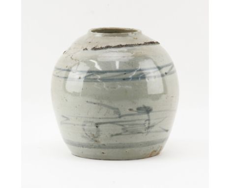 19/20th Century Chinese Ming Style Blue and White Pottery Jar. Underglaze blue and white scroll motif on surface. Signed on u
