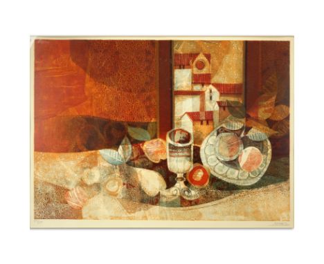 Alvar Sunol Munoz-Ramos, Spanish (b-1935) "Untitled" Lithograph Pencil Signed and Numbered 89/150. Depicts a table with fruit