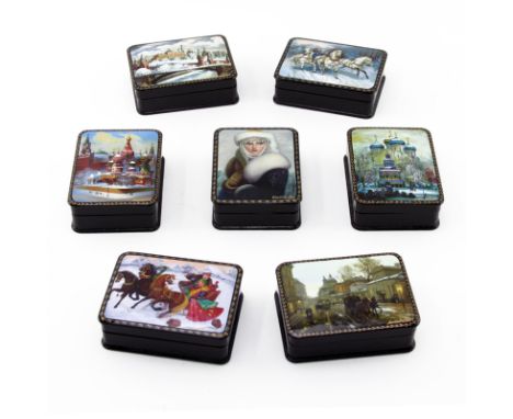 Grouping of Seven (7) Vintage Russian Lacquered Boxes. Each is individually signed to top and stamped on underside. Depicts v