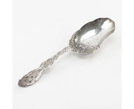 Art Nouveau Sterling Silver Serving Spoon. Decorated with pierced handle and flower/leaf motif flowing down to the bowl. Stam