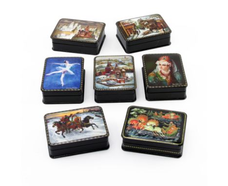 Grouping of Seven (7) Vintage Russian Lacquered Boxes. Each is individually signed to top and stamped on underside. Depicts v