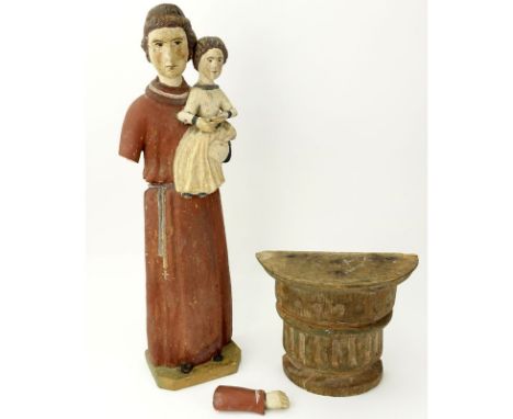 Antique Carved Wood Polychrome Santos Figure and Carved Wood Bracket. Unsigned. Typical wear and losses, arm is not attached,