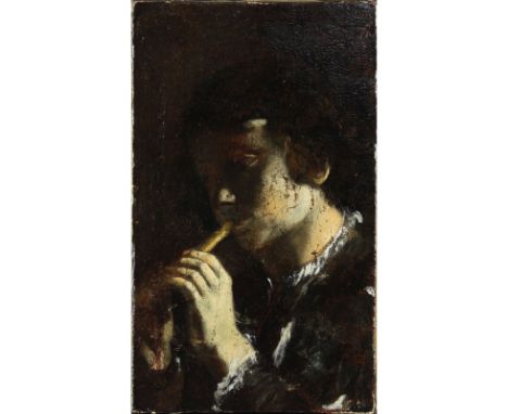 Attributed To: Mattia Preti, Italian (1613-1699) "Boy Playing Flute" Oil Painting Laid on Canvas. Unsigned. Written work En V